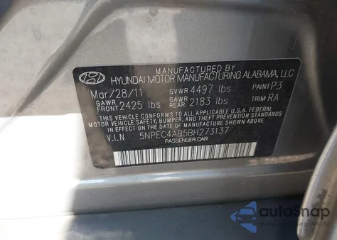 2011 Hyundai Sonata Limited 2.0T z USA, uszkodzony, nr VIN 5NPEC4AB5BH273137